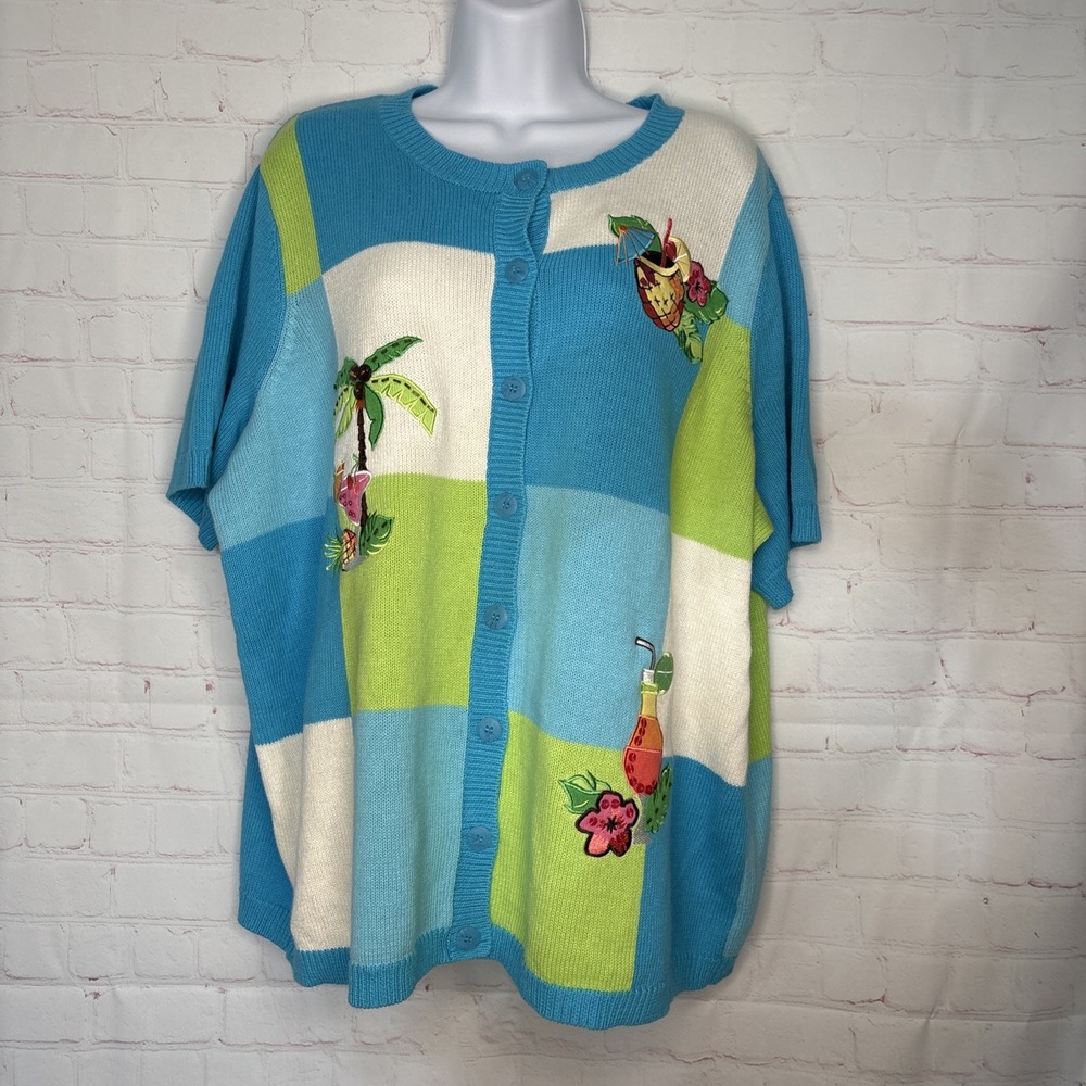 Vintage Breckenridge Woman Sweater 2X Tropical Patchwork Ramie Knit Cardigan